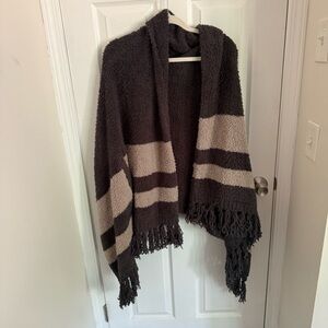 Barefoot Dreams Black and Cream Fringed Poncho